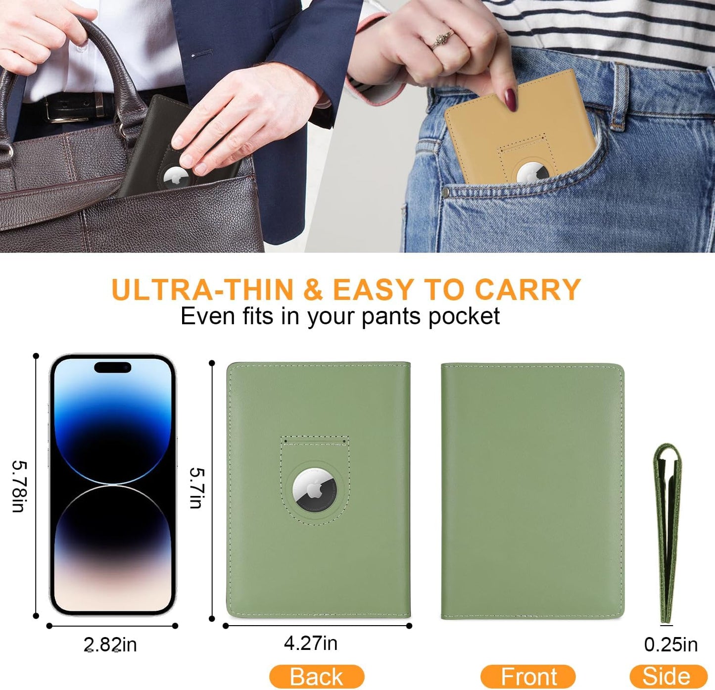 Full Grain Leather AirTag Passport Holder Wallet Cover for Men and Women Travel, Passport Holder with AirTag Slot Passport Wallet, Travel Essentials Genuine Leather Passport Cover Gifts (Green)