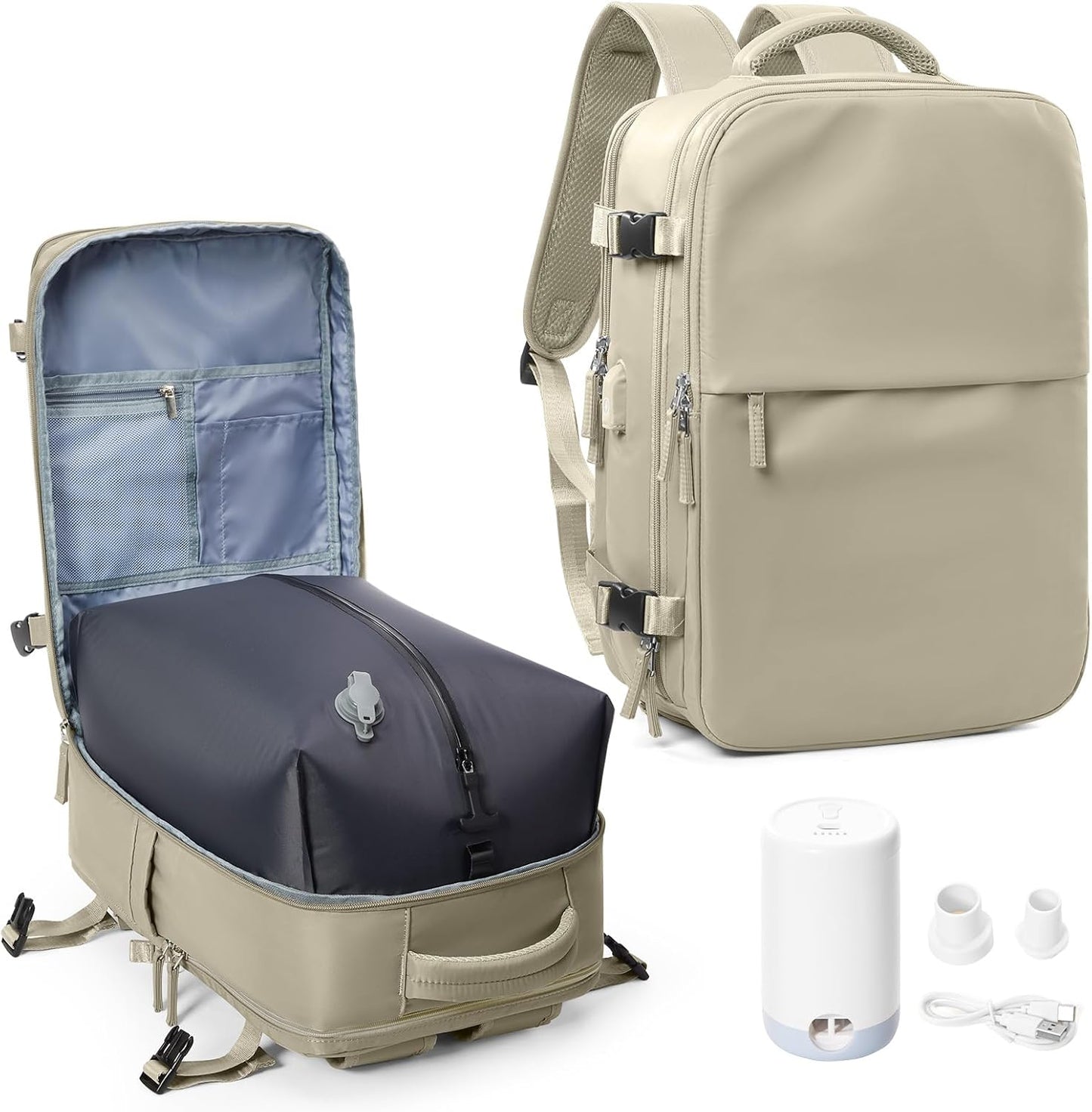suwasp Vacuum Compression Backpack, 40L Expandable Travel Backpack with Electric Vacpack Pump, Travel Vacuum Bags with Shoe Compartment/15.6inch Laptop Compartment/USB Port, Khaki
