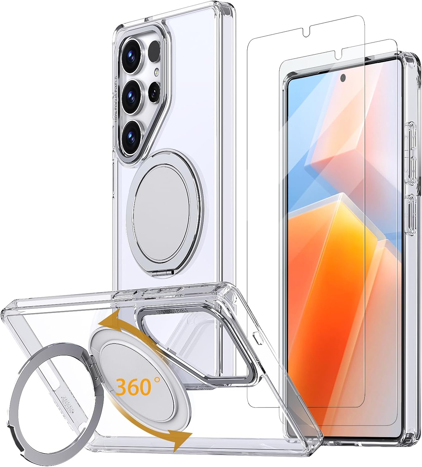 Magnetic Stand Case for Samsung Galaxy S25 Ultra [with 2 Tempered Glass Film] [360° Rotation Magnetic Stand] [Compatible with Magsafe] Military-Grade Drop Protection Case, Clear