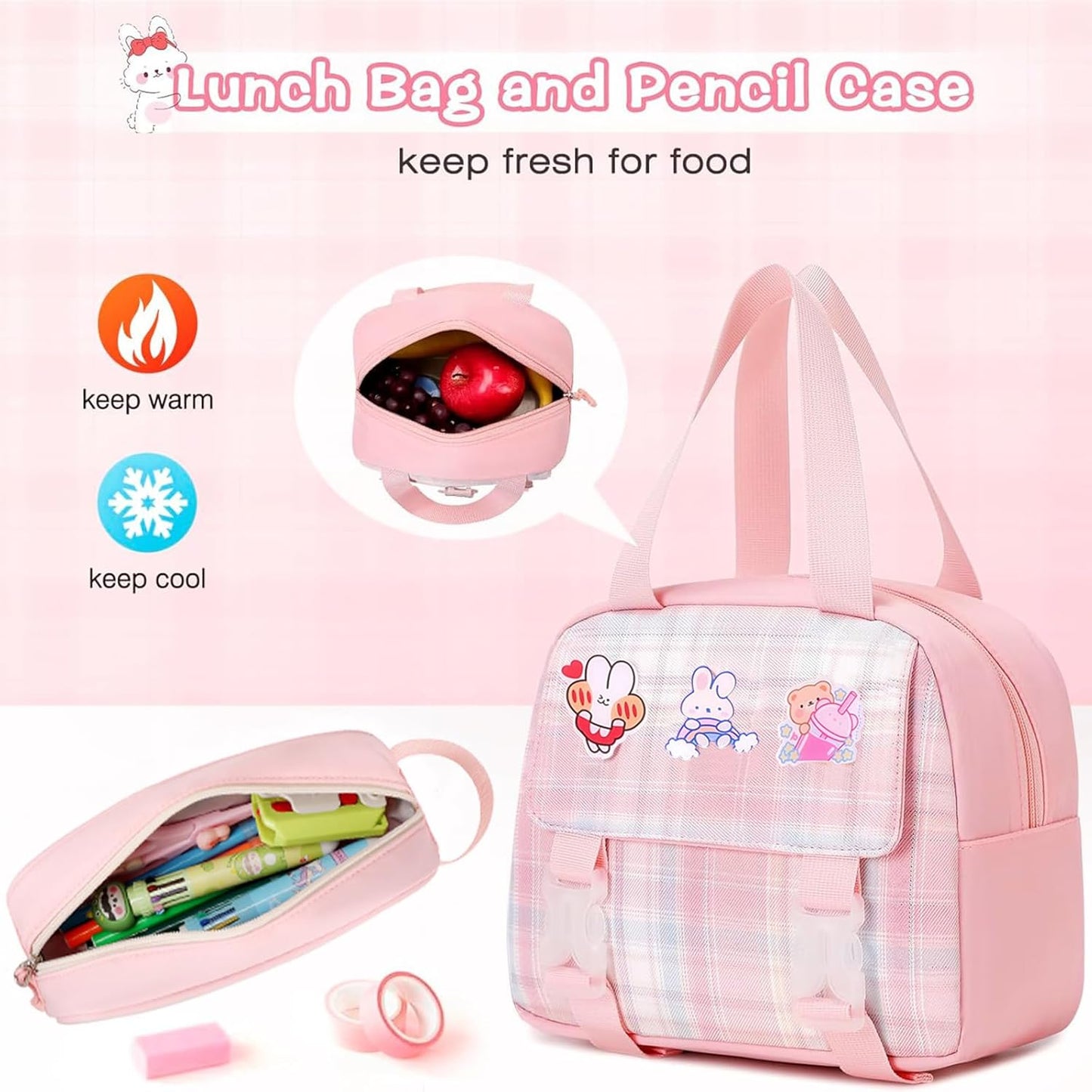 Cute Girls Backpack, 3PCS Cute Kids School Bag, 16.8 Inch Kindergarten Primary Backpack with Lunch Box Pencil Case Set（Pink）