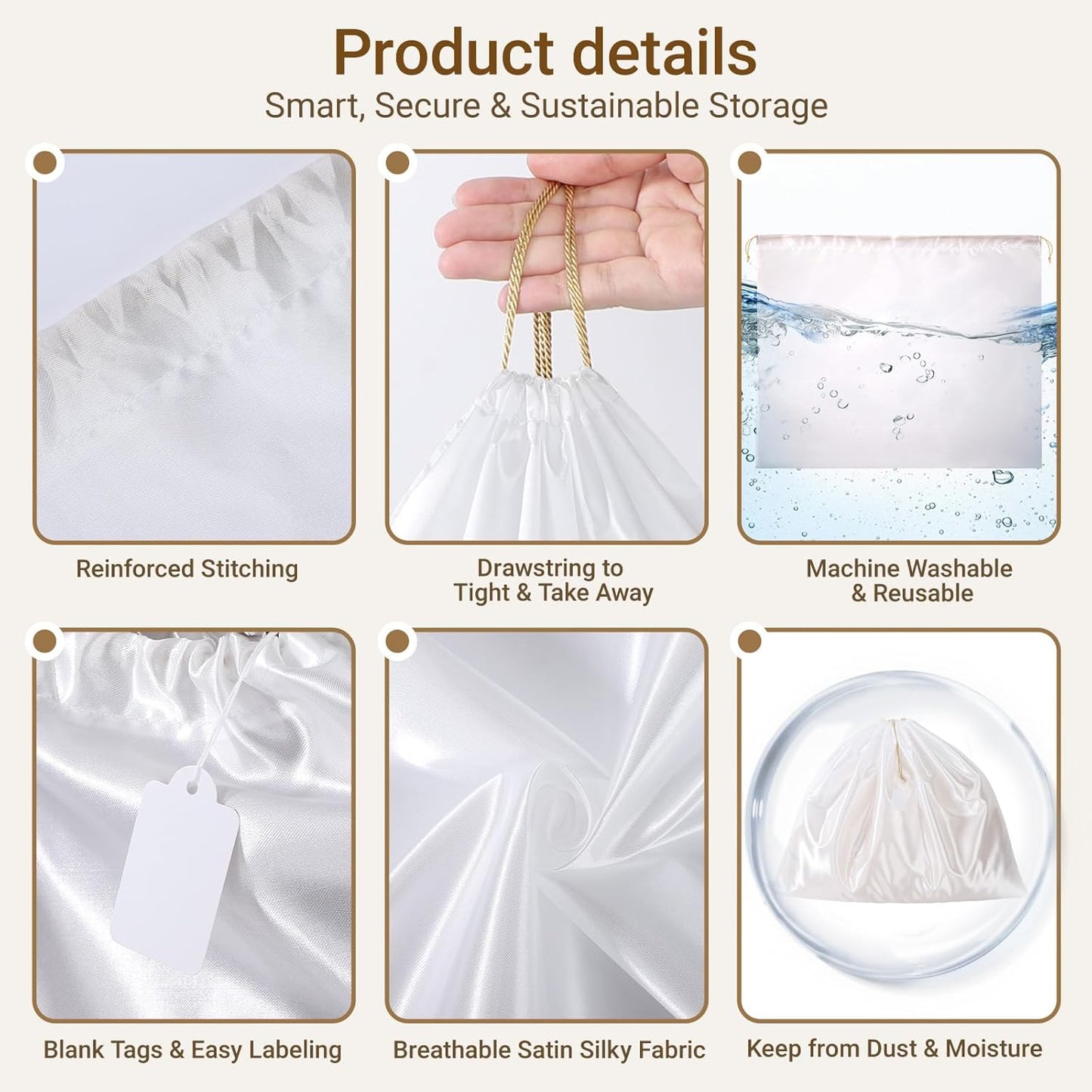 Ewen 7Pcs Dust Bags for Handbags, Satin Travel Dust Cover Bag, 2Pack 11.8x15.7in DustBag for Shoes, 2Pcs 19.6x15.7in Storage, Pack of 3 23.6x19.6in Bag for Purse, White Silk Cloth Bags with Drawstring