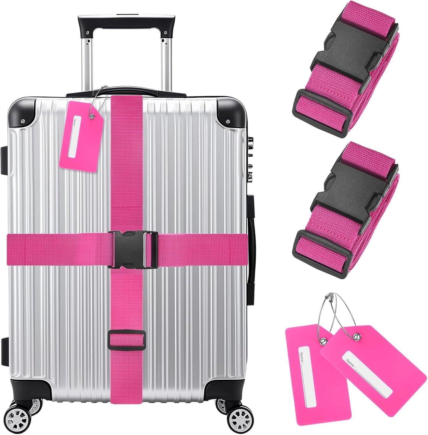 2-Sets Luggage Straps TSA Approved, Travel Straps for Luggage Suitcase Tags Set, Adjustable Suitcase Belt [Rose Red]