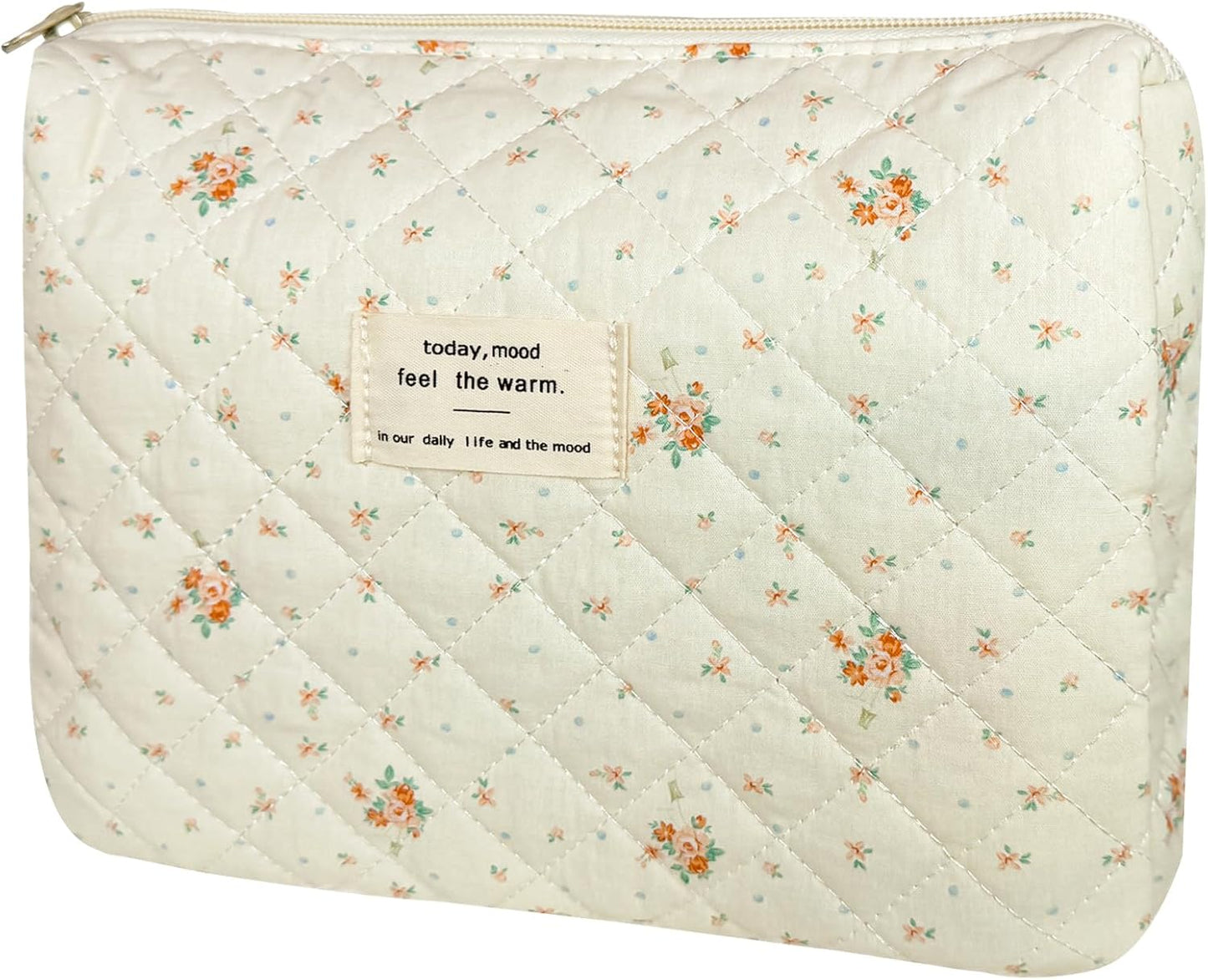 Quilted Makeup Bag, Cute Floral Makeup Bag Portable Cotton Cosmetic Tote Bags for Women Ladies Medium Girls Purse Pouch Toiletry Bag