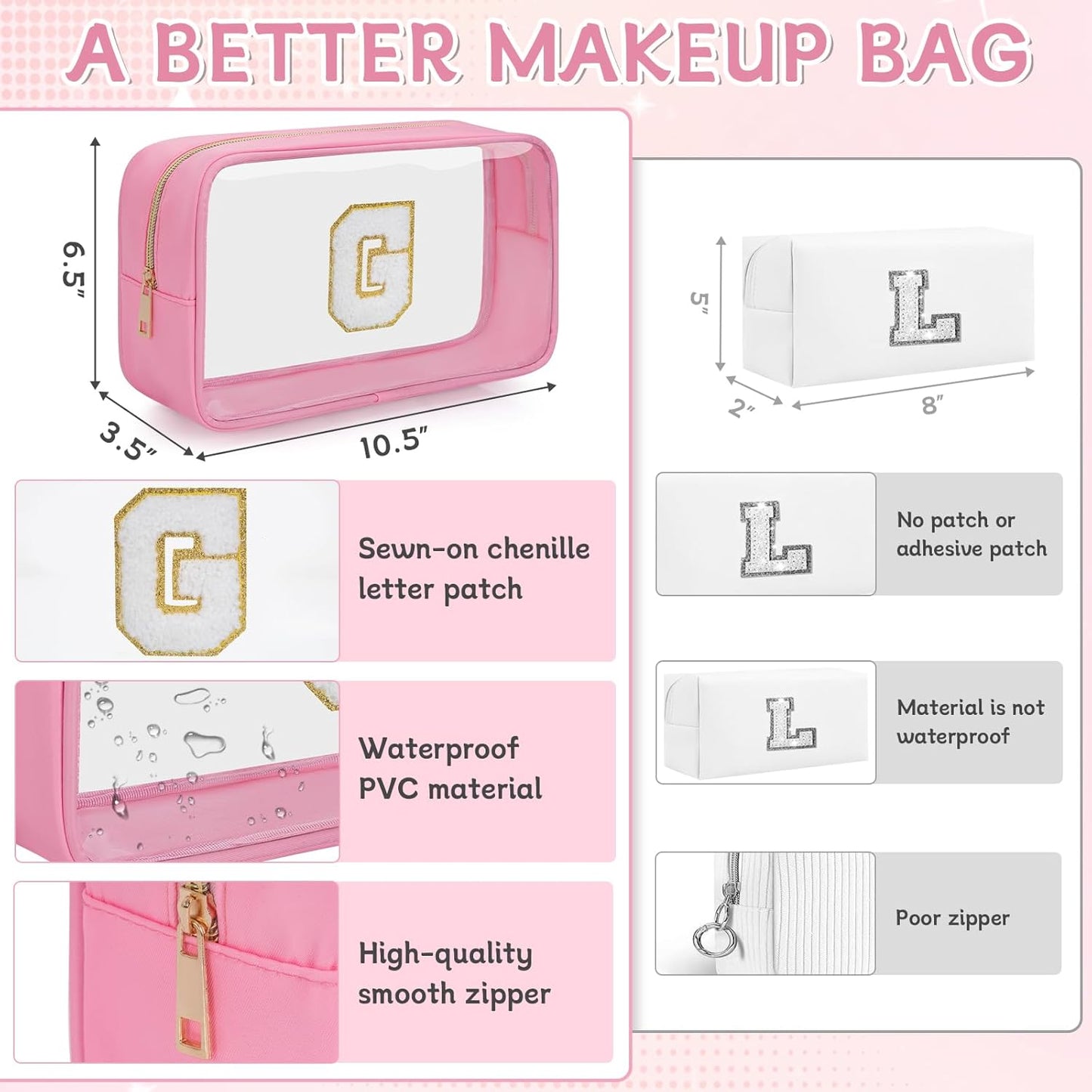 Personalized Initial Clear Makeup Bag, Travel Chenille Patch Cosmetic Bag, Preppy Toiletry Bag Monogram Cosmetic Pouch with Zipper, Ideal Gift for Teen Girls Women (Clear-Pink, G)