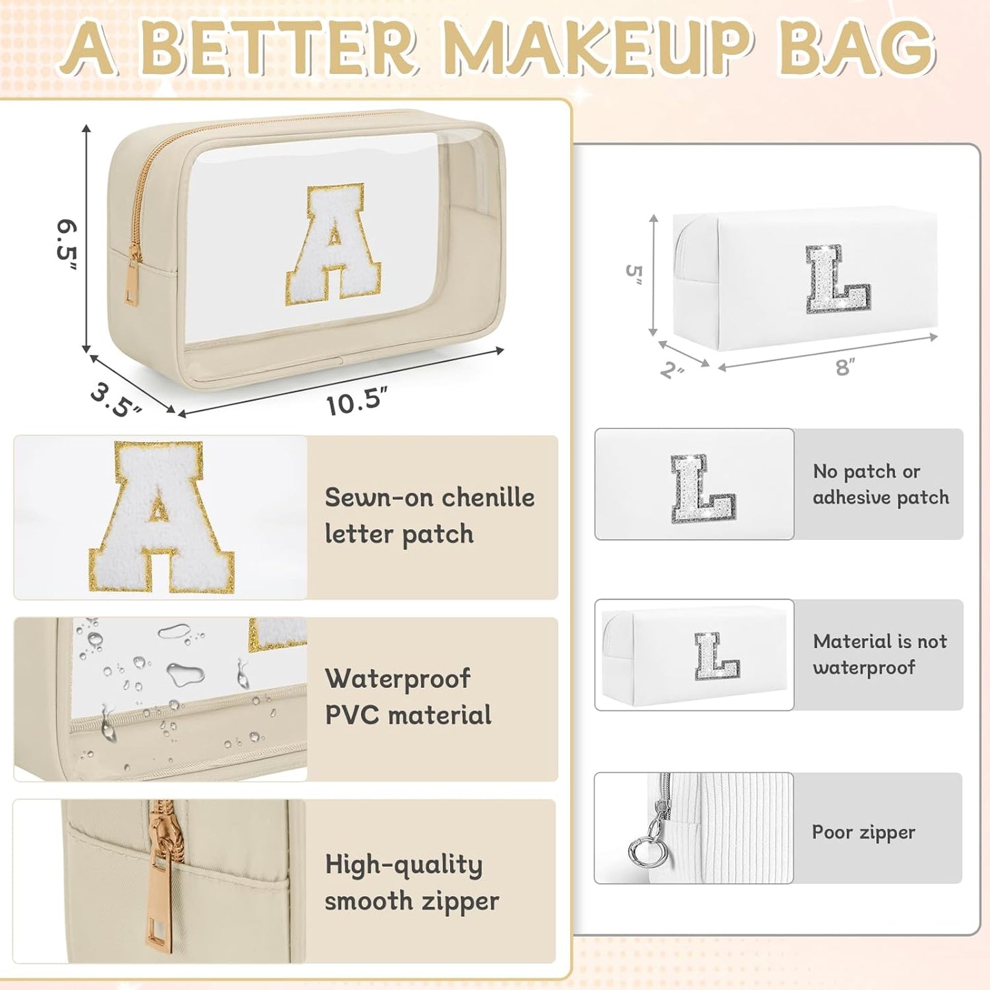 Personalized Initial Clear Makeup Bag, Travel Chenille Patch Cosmetic Bag, Preppy Toiletry Bag Monogram Cosmetic Pouch with Zipper, Ideal Gift for Teen Girls Women (Clear-Beige, A)