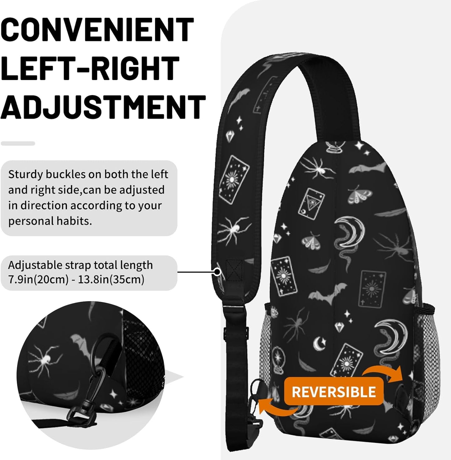 Black Gothic Sling Bag Crossbody Chest Bag for Women Men, Water Resistant Lightweight Casual Crossbody Bag with Adjustable Strap, Travel Hiking Daypack Shoulder Backpack