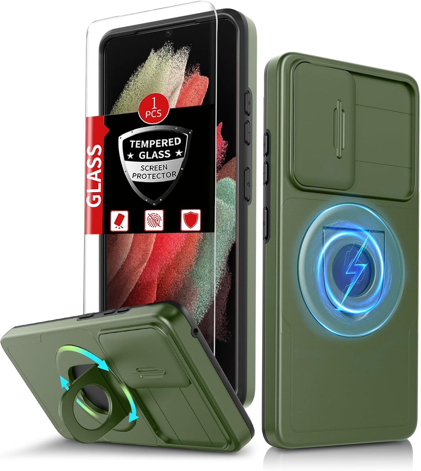 for Samsung Galaxy S21 Ultra Case Magnetic Compatible with MagSafe Wireless Charging,with Screen Protector,Built-in Stand Ring+Camera Cover Anti-Scratch Shockproof Heavy Duty Protection Green
