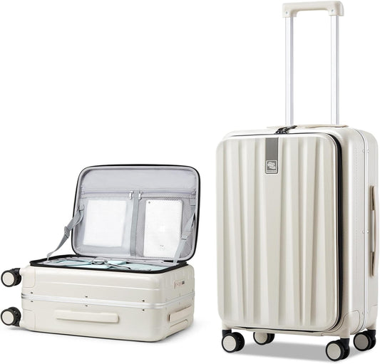 Hanke 24 Inch Checked Luggage PC Hard Case Luggage Top Opening Aluminum Frame Travel Luggage Suitcases with Wheels for Woman Men.(Ivory white)