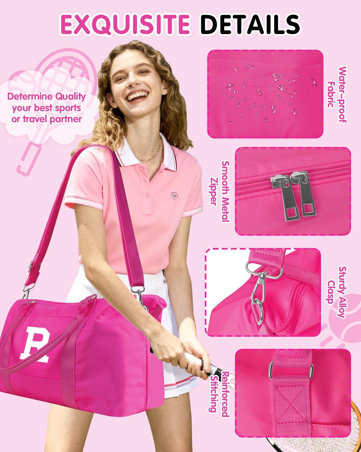 Overnight Bag for Kids Teen Girls Weekender Dance Bag Birthday Graduation Gifts,Initial Travel Duffel Bag Sports Gym Bag Personalized Weekender Bag Carry On Bags Preppy Gifts for Women(Hot Pink, R)