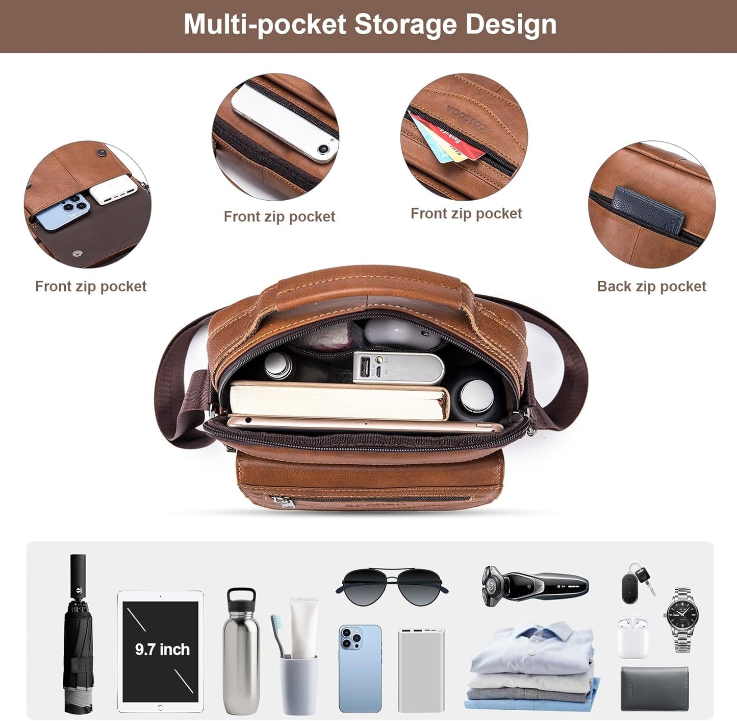 Men's Leather Crossbody Shoulder Bag - Messenger Satchel Travel Handbag