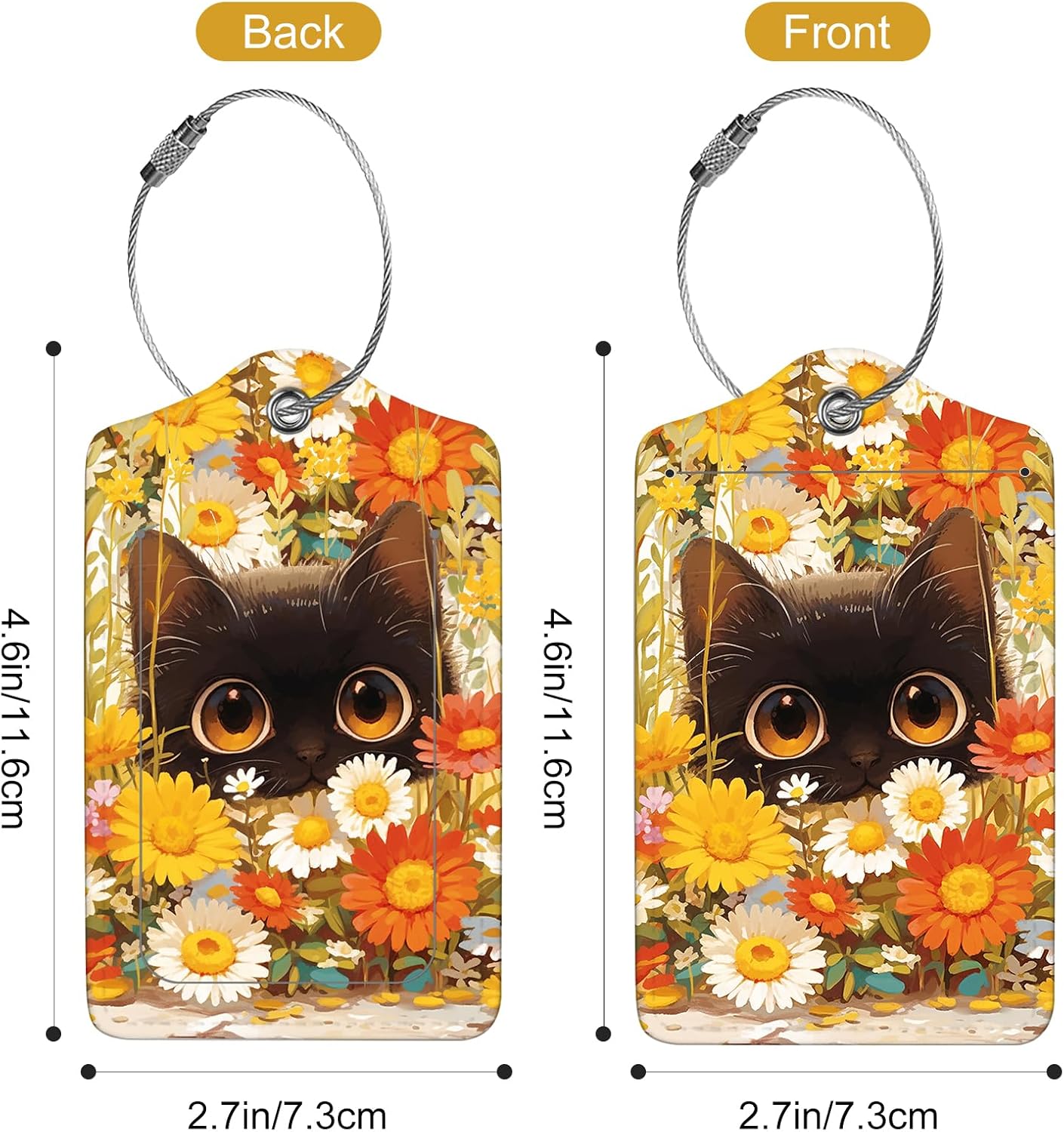 2Pack Luggage Tags for Suitcases, Cute Unique Pu Leather Cruise Luggage Tag with Privacy Cover ID Label Address Card and Metal Ring Suitable for Women Men Kids Travel Bag Yellow Flower and Kitten
