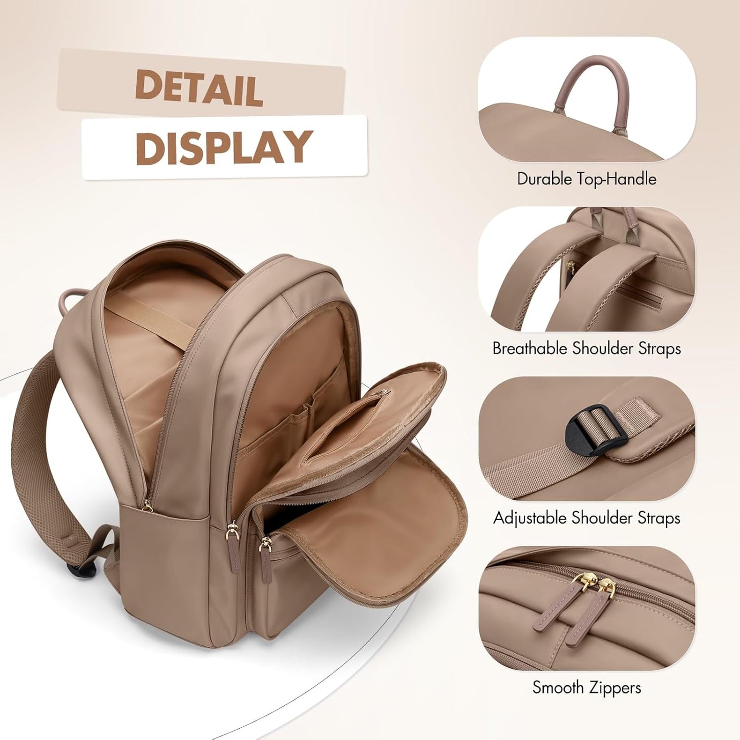 GOLF SUPAGS Backpack for Women Work College Travel Laptop Backpacks Multi-Functional Casual Daypack Teacher Nurse Everyday Bags Fits 15.6 Inch Notebook (Champagne)