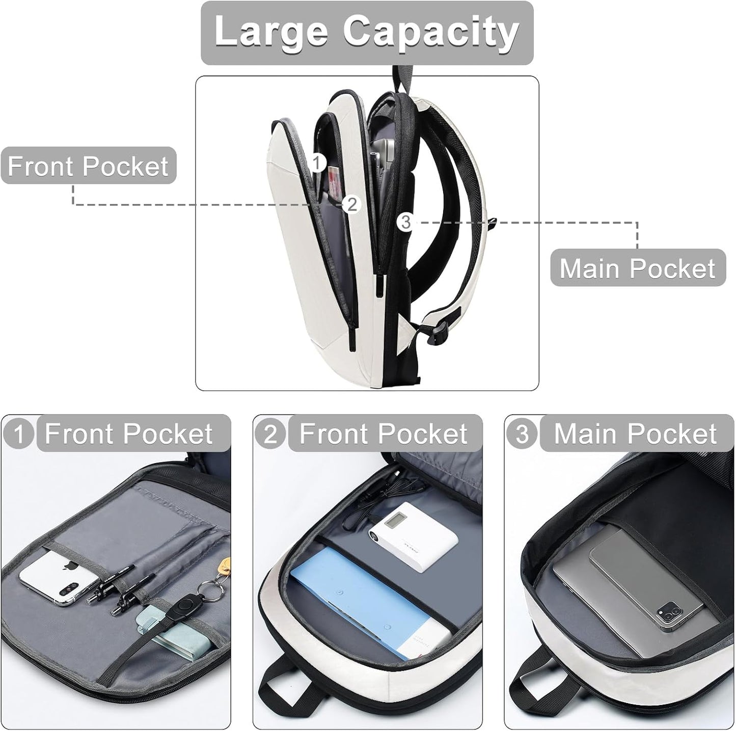 hk Business Backpack for Men 17 Inch,Slim & Expandable Waterproof Travel Laptop Backpack with USB Charger Port (White)