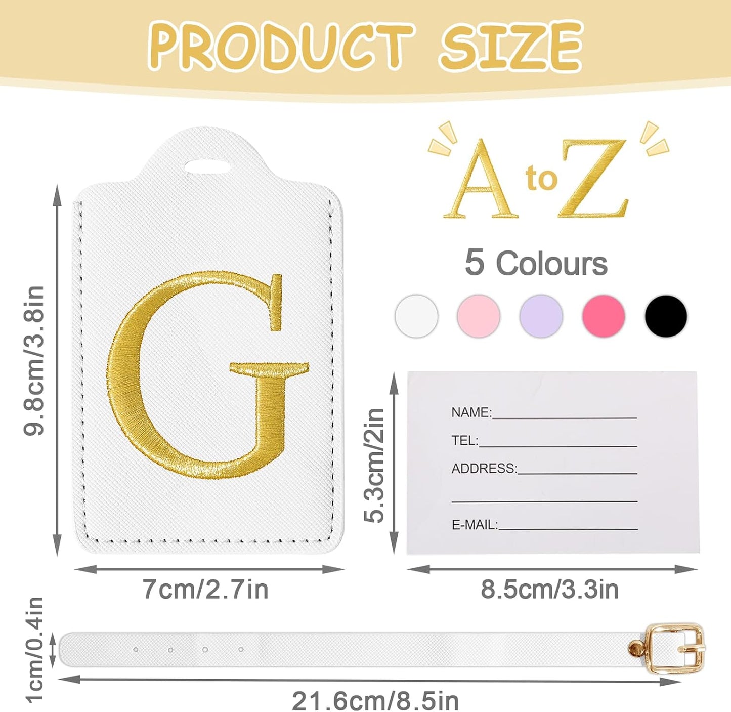 Initial Luggage Tags for Suitcases, Cute Embroidered Letter Luggage Bag Suitcase Identifier Name Baggage Tag, PU Leather Travel Luggage Tags, Bag Tags for Men Women Kids Luggage Handbags(White G)