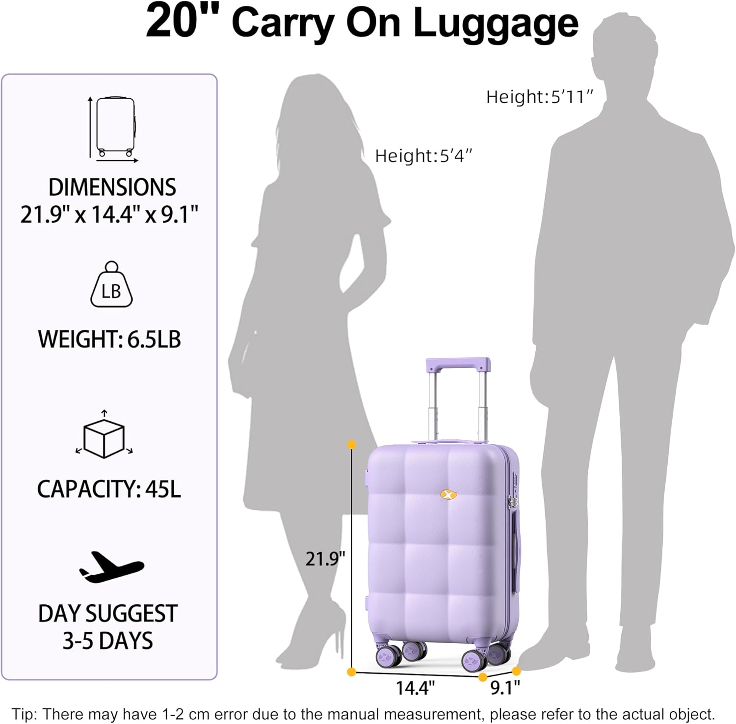 MGB Hardside Carry On Luggage with Spinner Wheels & Built-in TSA Lock, Durable Suitcase Rolling