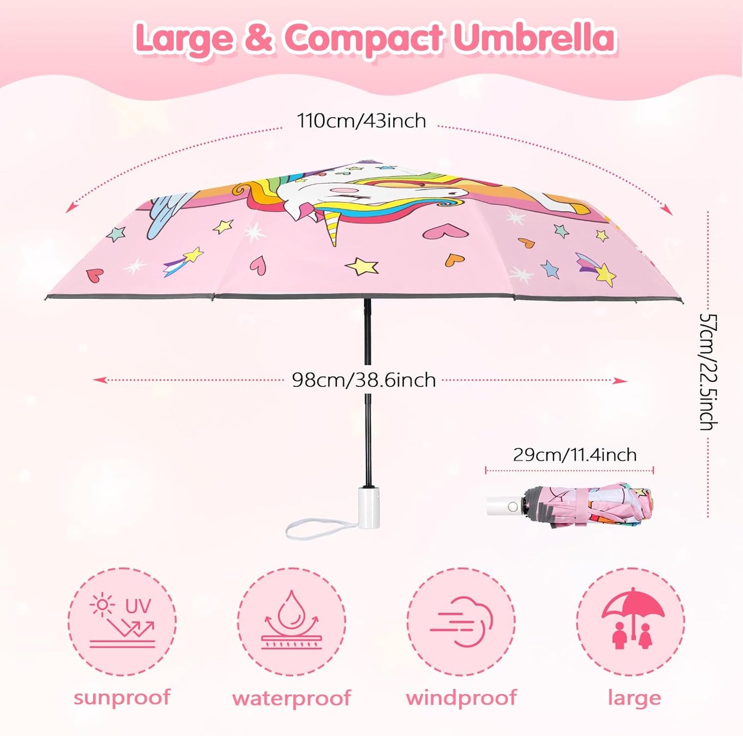 Kids Folding Umbrella Toddler Umbrella with UV Protection Portable Auto Open/Close Anti-rebound Safe Design Windproof, Compact, Lightweight Cute Umbrella for Girls & Boy