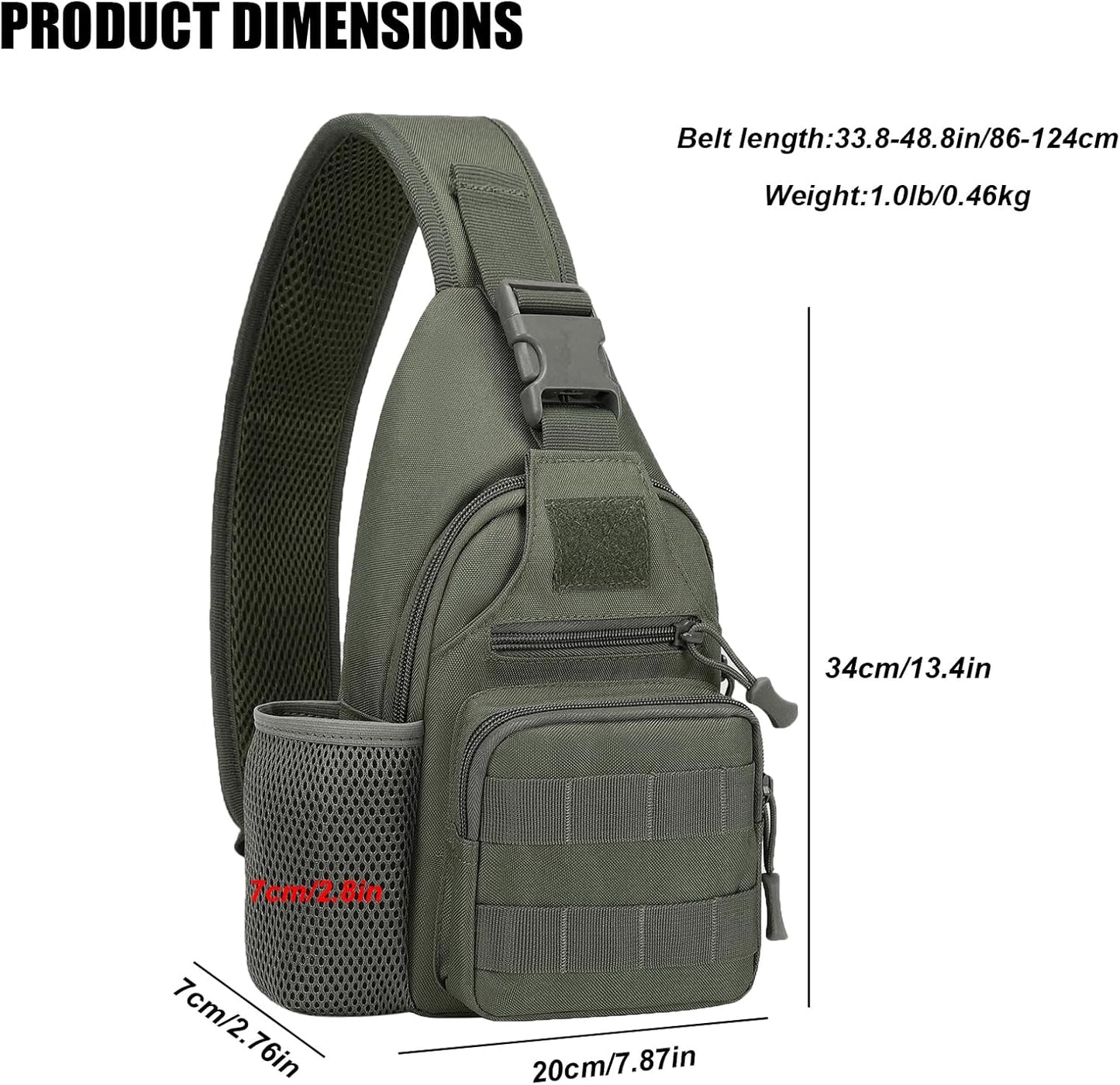 ZHIERNA Tactical Sling Crossbody Backpack with Water Bottle Holder, MOLLE EDC Shoulder Sling Chest Bags with USB Charging Port for Travel Walk(Grey Green)