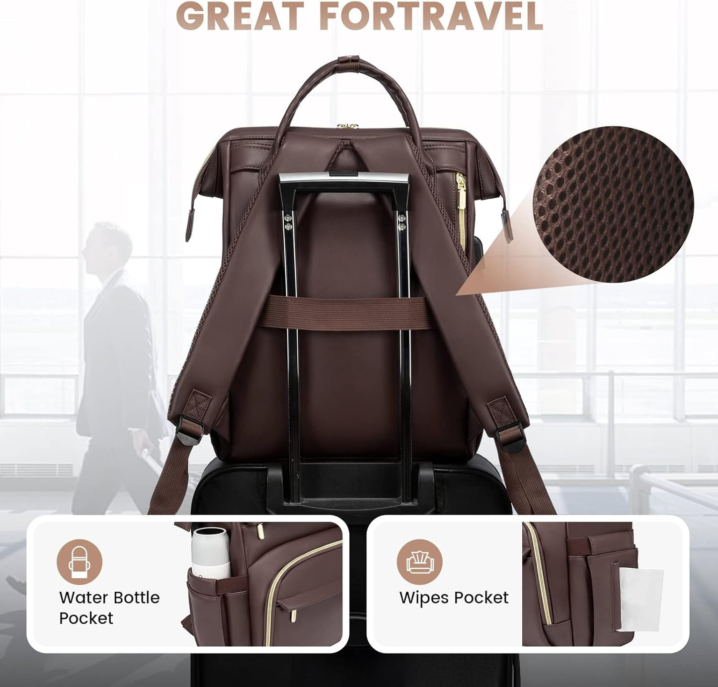 LOVEVOOK Leather Laptop Backpack for Women 17 inch, Travel Backpack Purse Nurse Teacher Computer Laptop Bag, Professional College Business Work Bags Carry On with USB Port, Coffee