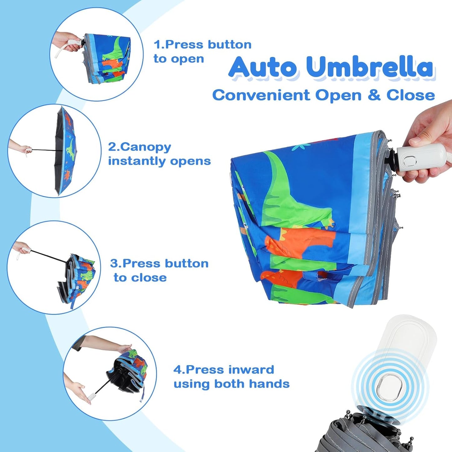 Autoamtic Kids Umbrella UV Resistant, Folding Compact Umbrella 360° Reflective Strip for Travel Outdoor, Lightweight Cute Kids Parasol Anti-rebound Safe for Toddler