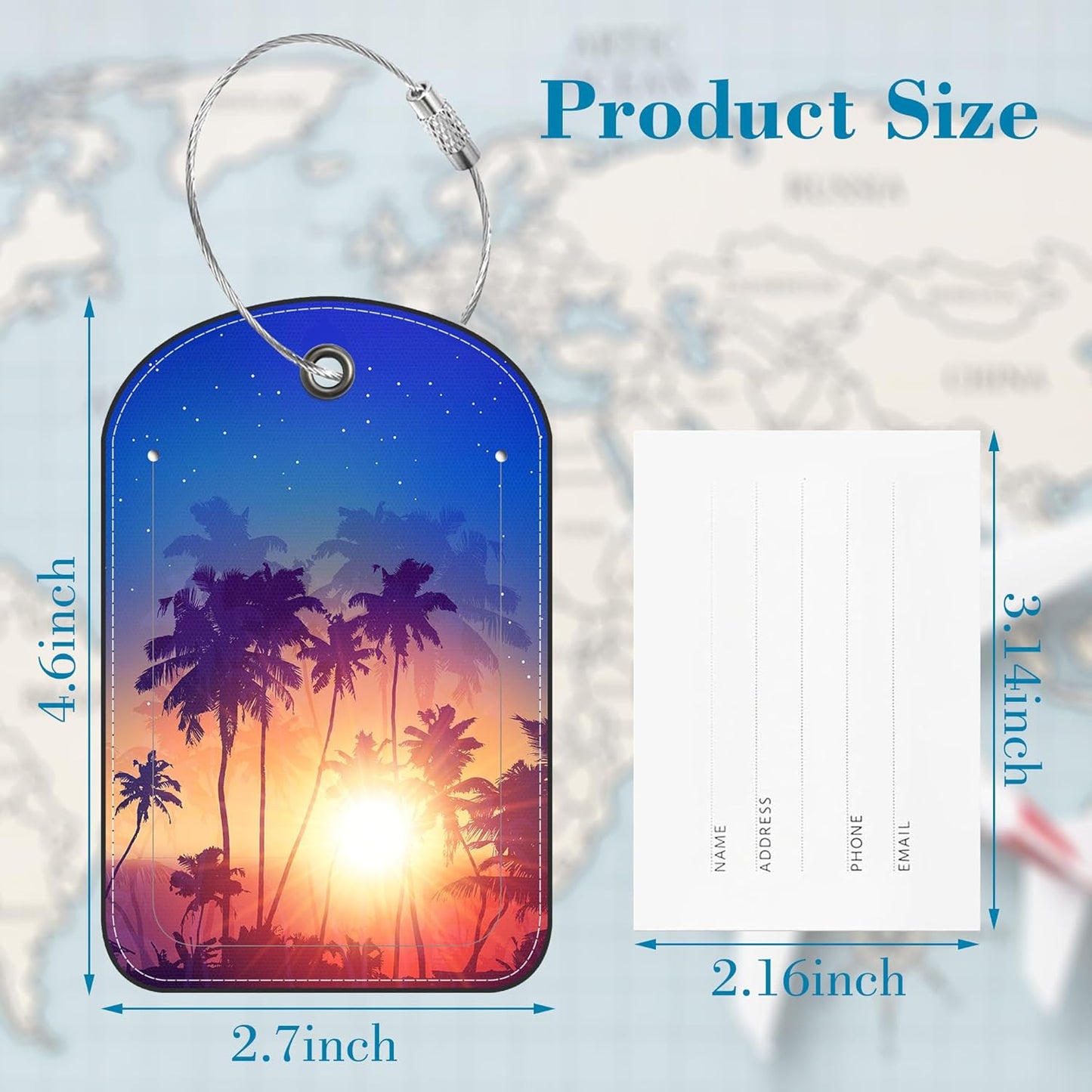 2 Pack PU Luggage Tags for Suitcase, Retro Sunset and Palm Trees Suitcase Tag Leather ID Label Bag Tags with Privacy Cover and Metal Loop for Men Women Travel Bag