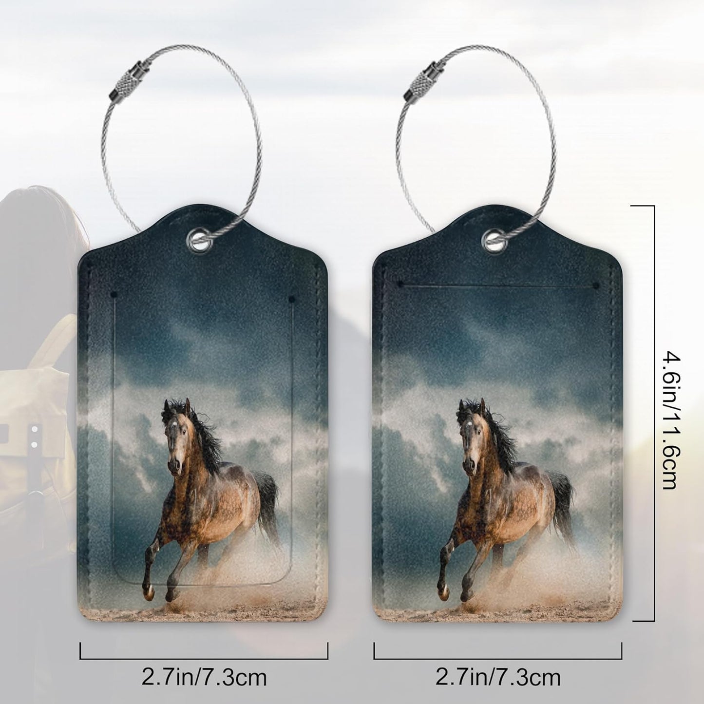 Leather Luggage Tags for Adults Teens,2 Pack Wild Horse in Dust Travel Bag Suitcase Labels with Stainless Steel Loop ID Tags Card Baggage Bag Label