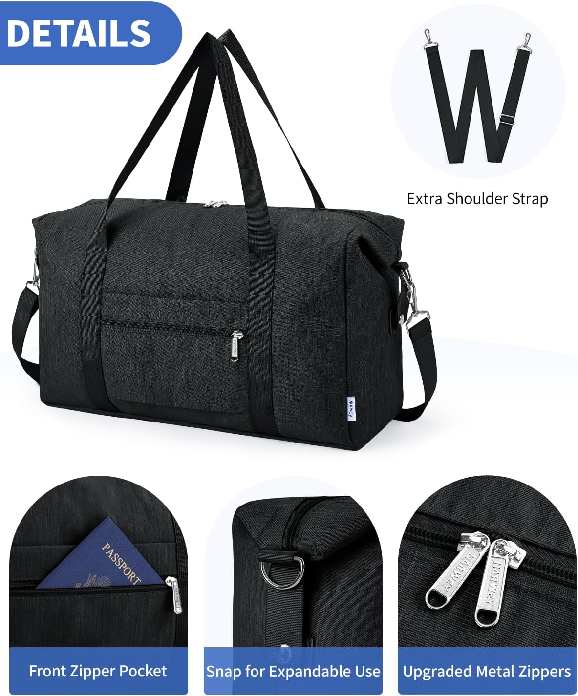 Narwey For Spirit Airlines Personal Item Bag 18x14x8 Foldable Duffle Bag for Travel Packable Duffel Bag for Traveling Carry on Bag for Airplanes Underseat Overnight for Women and Men (Black)