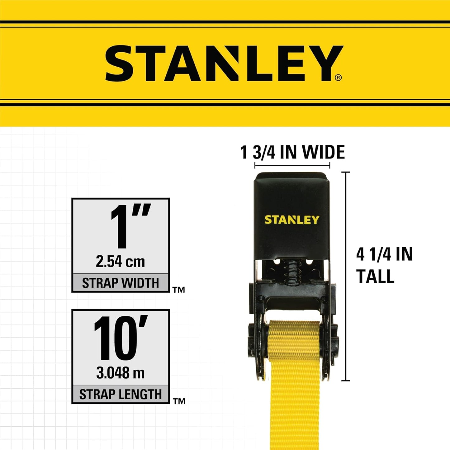 STANLEY S9500 Black/Yellow 1" x 10' Ratchet Straps - Light Cargo (300 lb Working Load / 900 lb Break Strength), (Pack of 24)