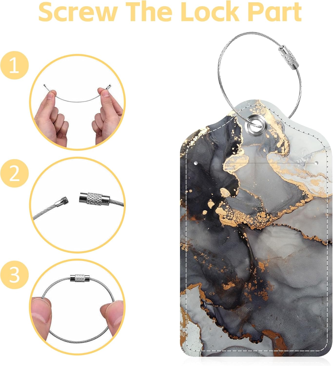 2 Pack Luggage Tags for Suitcase Marble and Gold Line Leather Stainless Steel Loop Label Tags for Women Men Travel Bag Suitcase with Privacy Cover Name ID Card