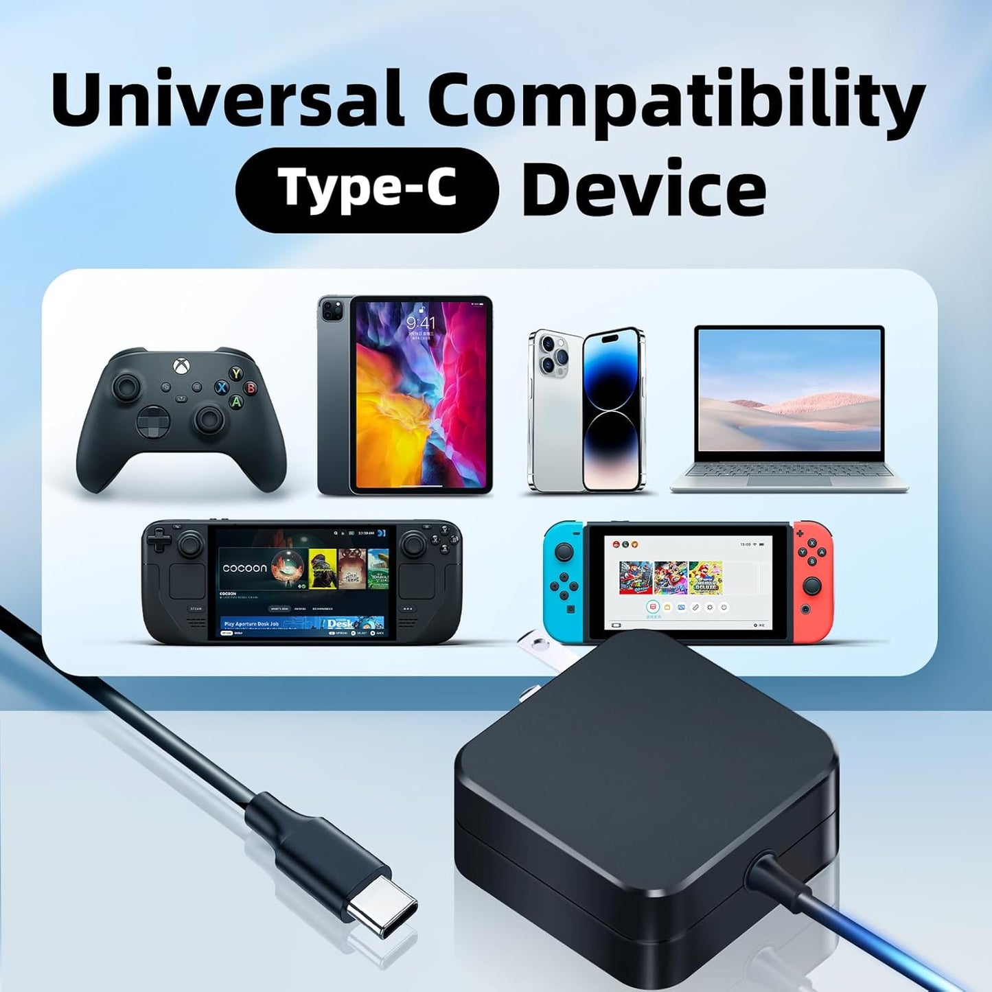 45W USB C Charger for Steam Deck,AC Power Adapter Compatible with Nintendo Switch/Lite/OLED/Switch Dock，iPhone Air/17/16/15,Samsung，Asus Chromebook，PD 3.0 Fast Charging with 5.9FT Type C Cable