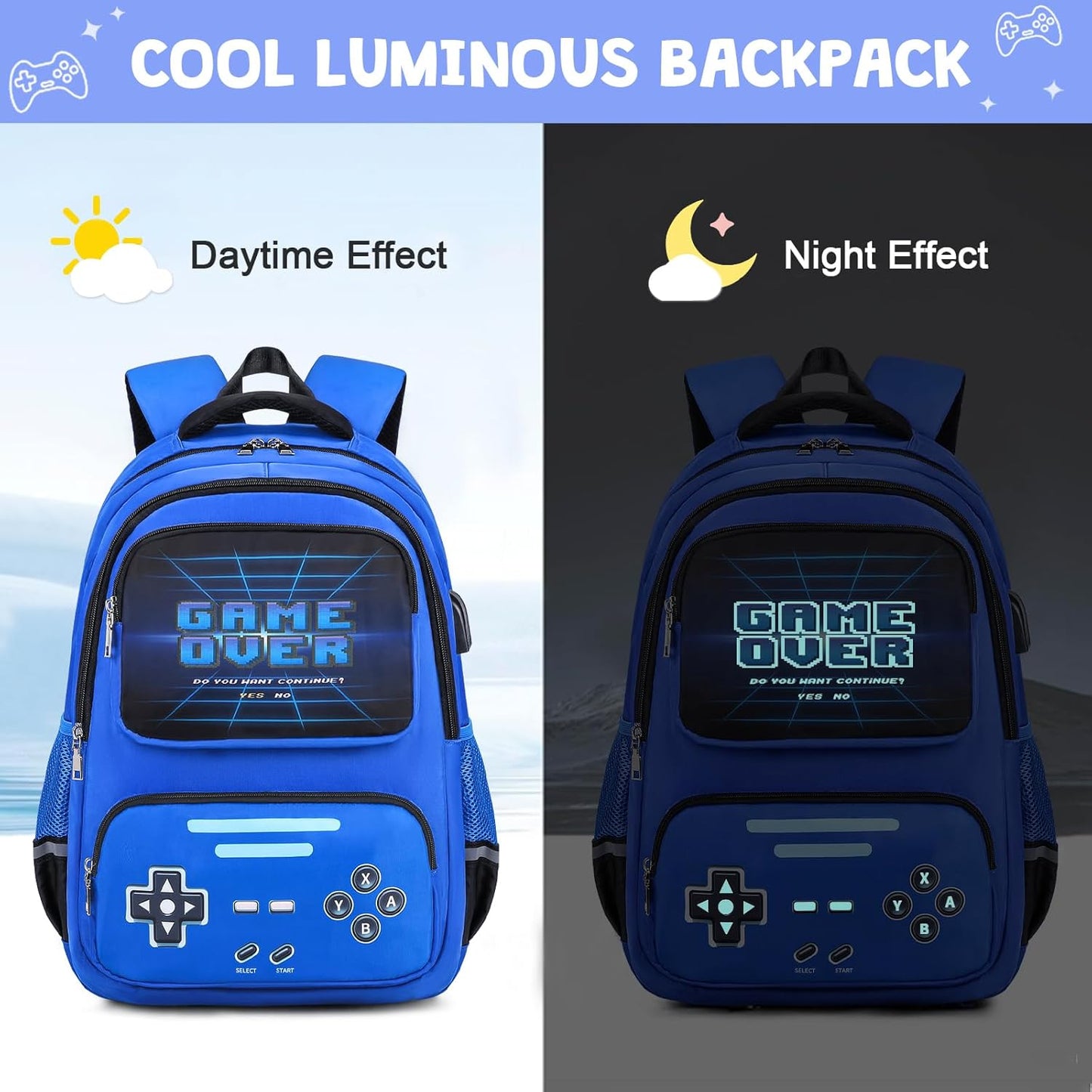 Gamer Backpack for Boys - Cool Luminous School Backpack with Lunch Bag Pencil Case - Kids Boys Backpack Elementary Middle School Book Bags for Teen with USB Charging Port (Blue