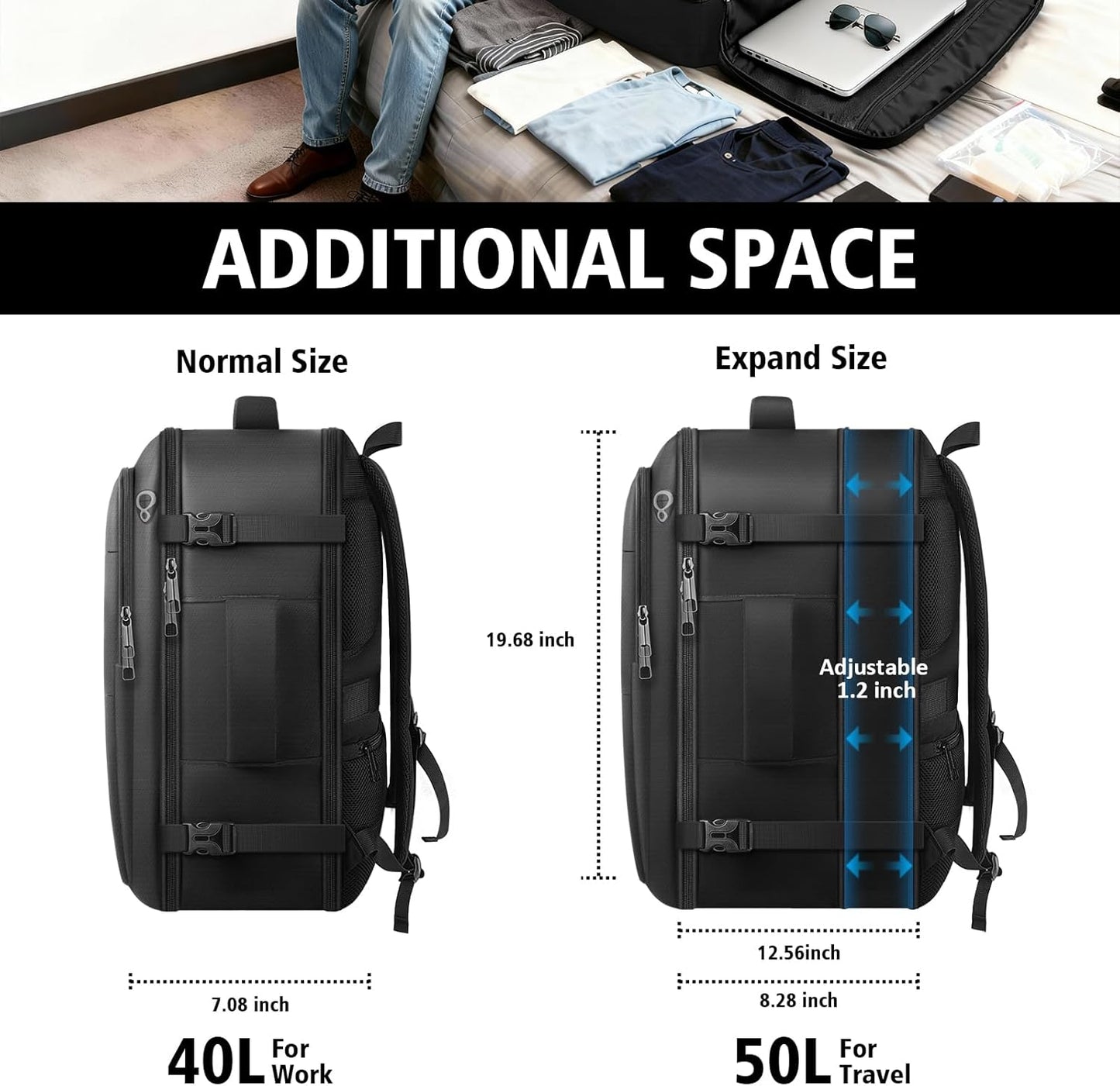 Travel Backpack, Extra Large 50L Flight Approved Carry on Backpack, Expandable Waterproof Business Suitcase Daypack Big Bag Fits 18.4 Inch Laptop, Black