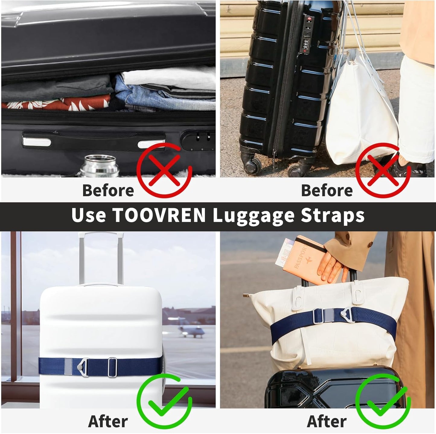 TOOVREN 2-in-1 Travel Belt for Luggage Straps Add a Bag Bungees Suitcase Luggage Strap Over Handle Suitcases Belt for Carry On Bag Adjustable Backpack Attachment Airport Travel Accessories Blue