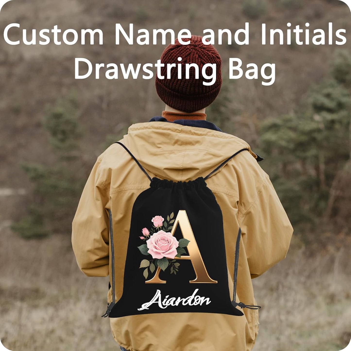 Personalized Drawstring Bag with Your Name Drawstring Backpack for Men Women Small Gym Beach Shopping Sport Yoga Bag (Letter 1)