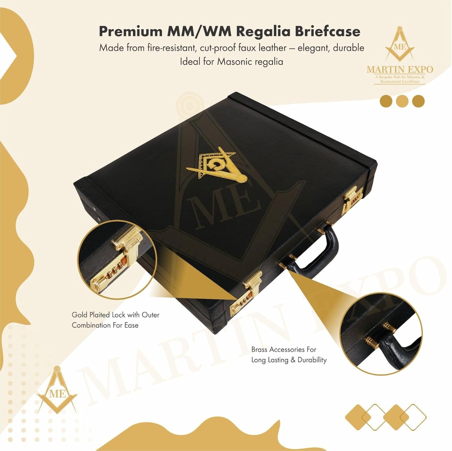 Masonic MM/WM Apron Hard Briefcase, Square Compass G Emblem – Freemason Bags & Cases 17.5'' 15.5'' 3'' (Inches)