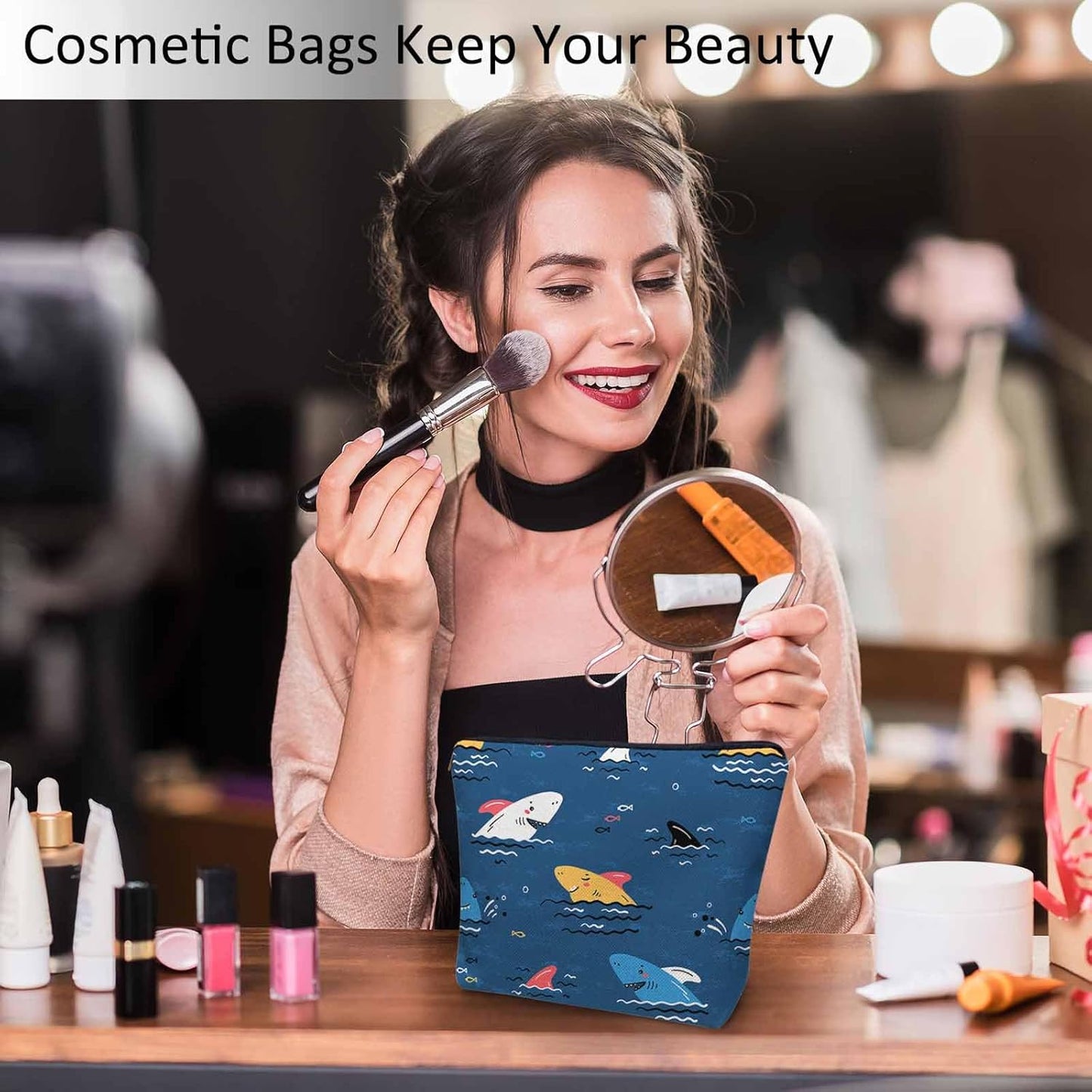 Shark Cosmetic Bags For Women, Cute Ocean Sea Wildlife Sharks Blue Roomy Makeup Bag Toiletry Bag Accessories Organizer Storage Bags Makeup Pouch For Travel Business Gym Camping Bathroom