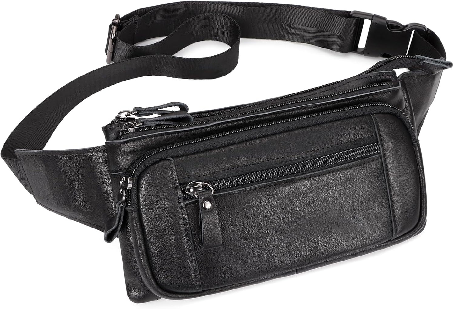 Leather Fanny Pack for Men Women, Belt Bag Fashion Waist Packs Small Crossbody Bag with Adjustable Strap for Travel Sport Walk (Black)