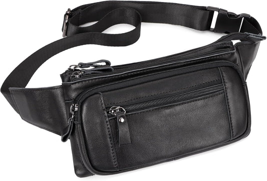 Leather Fanny Pack for Men Women, Belt Bag Fashion Waist Packs Small Crossbody Bag with Adjustable Strap for Travel Sport Walk (Black)