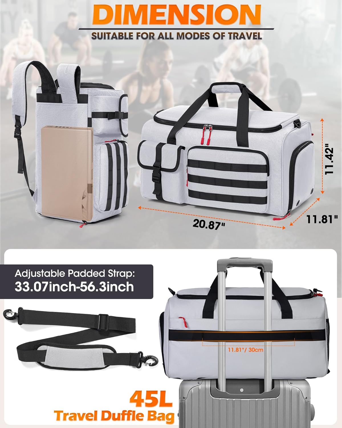 RAINSMORE Gym Bag for Men, 45L Sports Travel Duffel Bag with Shoe & Laptop Compartment, Gym Workout Backpack Carry On Weekender Bag Overnight Backpack for Travel, Grey