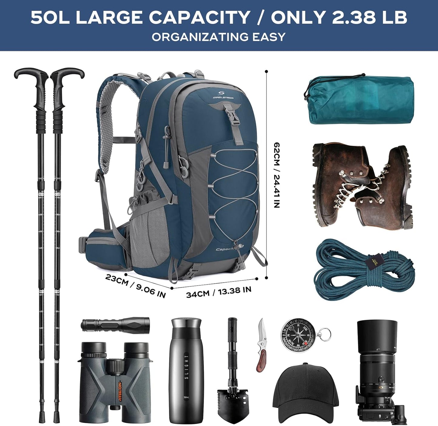 Maelstrom Hiking Backpack,Camping Backpack,50L Waterproof Hiking Daypack with Rain