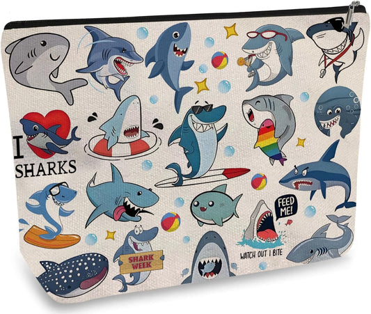 DOOX Shark Makeup Bags with Lining, Funny Cosmetic Bags Pencil Pouch - Double-Sided Print - Cute Birthday & Christmas Shark Gifts for Daughter, Sister, Women