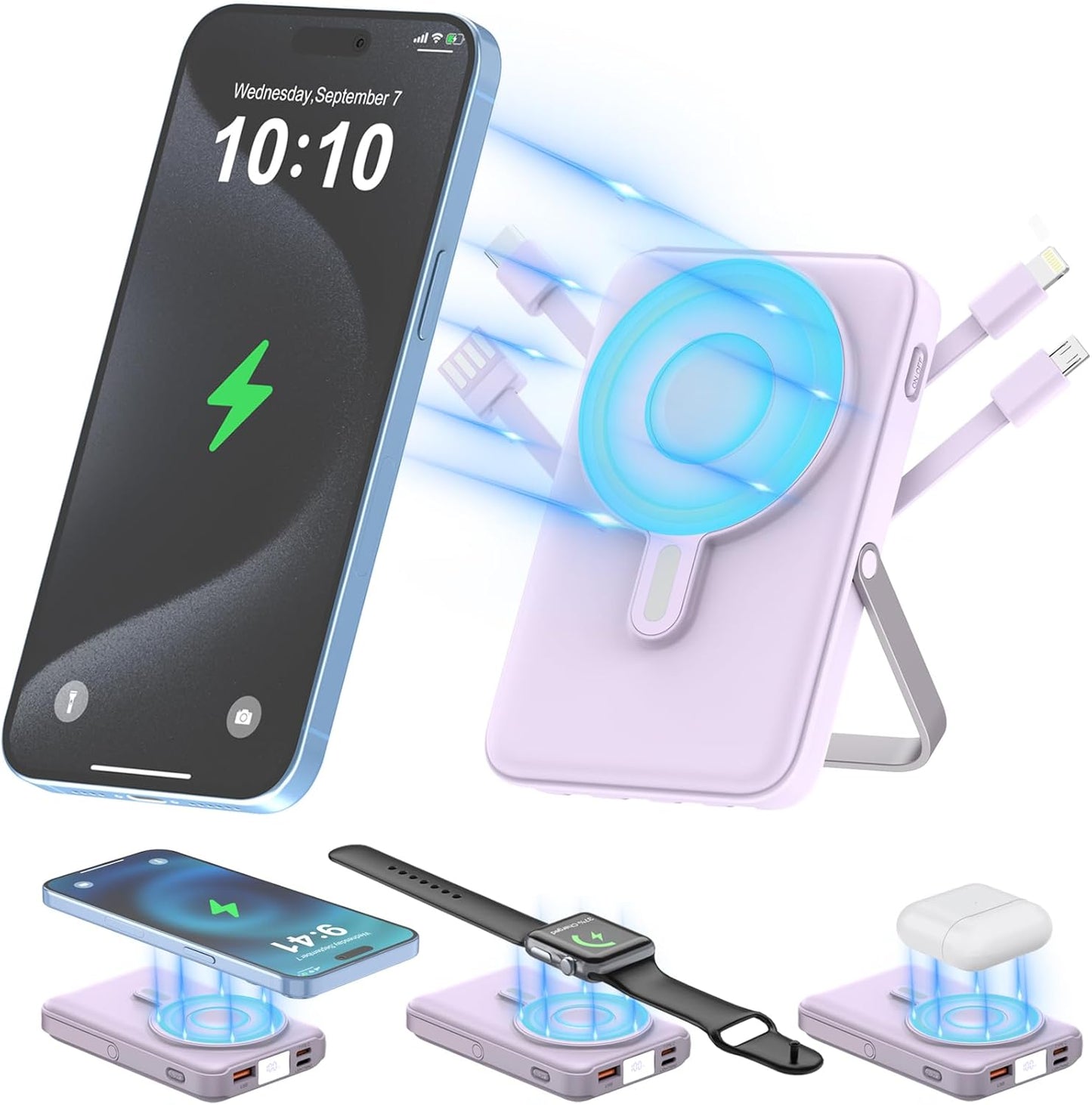 Wireless Portable Charger 10000mAh,3-in-1 Magnetic Power Bank with Built-in Cables LED Display,22.5W Fast Charging Mag-Safe Battery Pack for iPhone 15/14/13/12, Apple Watch Series, Airpods (Purple)