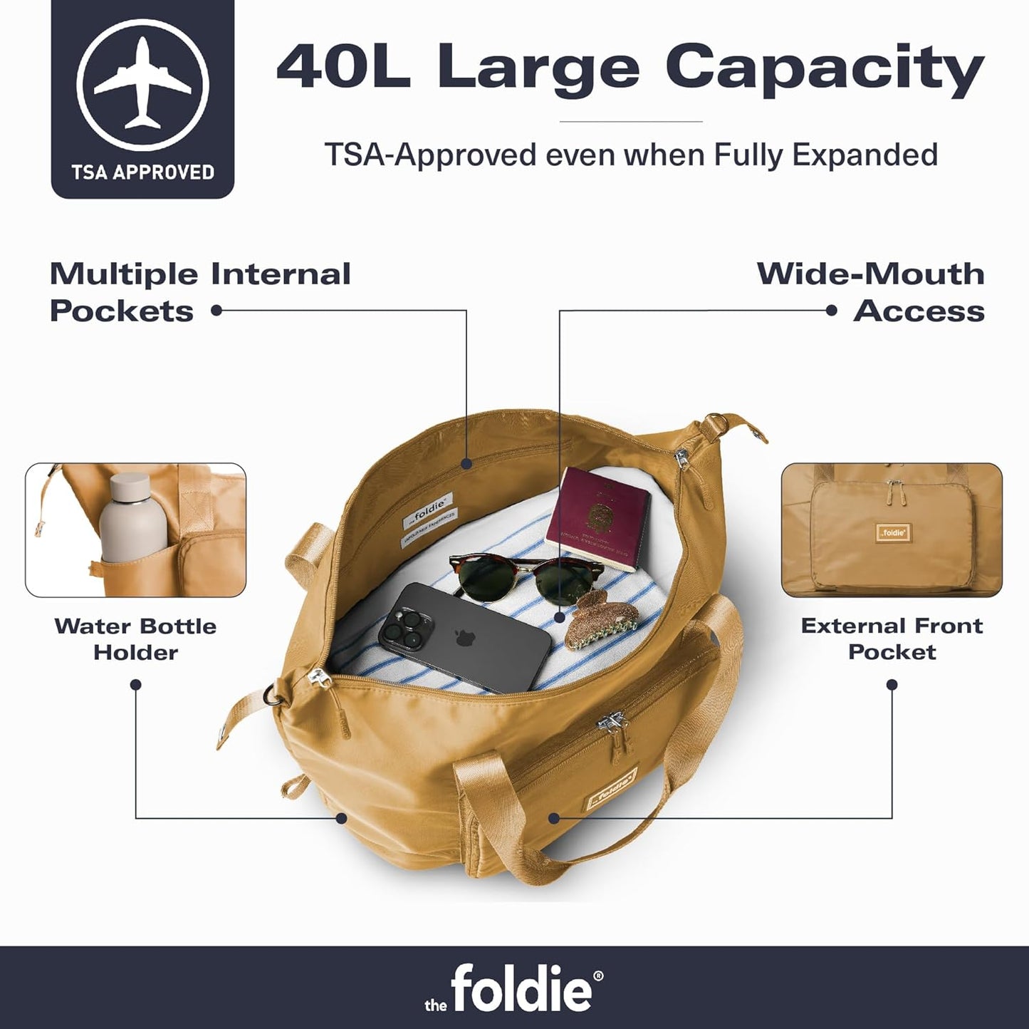 The Foldie Foldable Travel Bag for Women - 40L Weekender Bag with Multiple Pockets - Carry On Expendable Travel Bag
