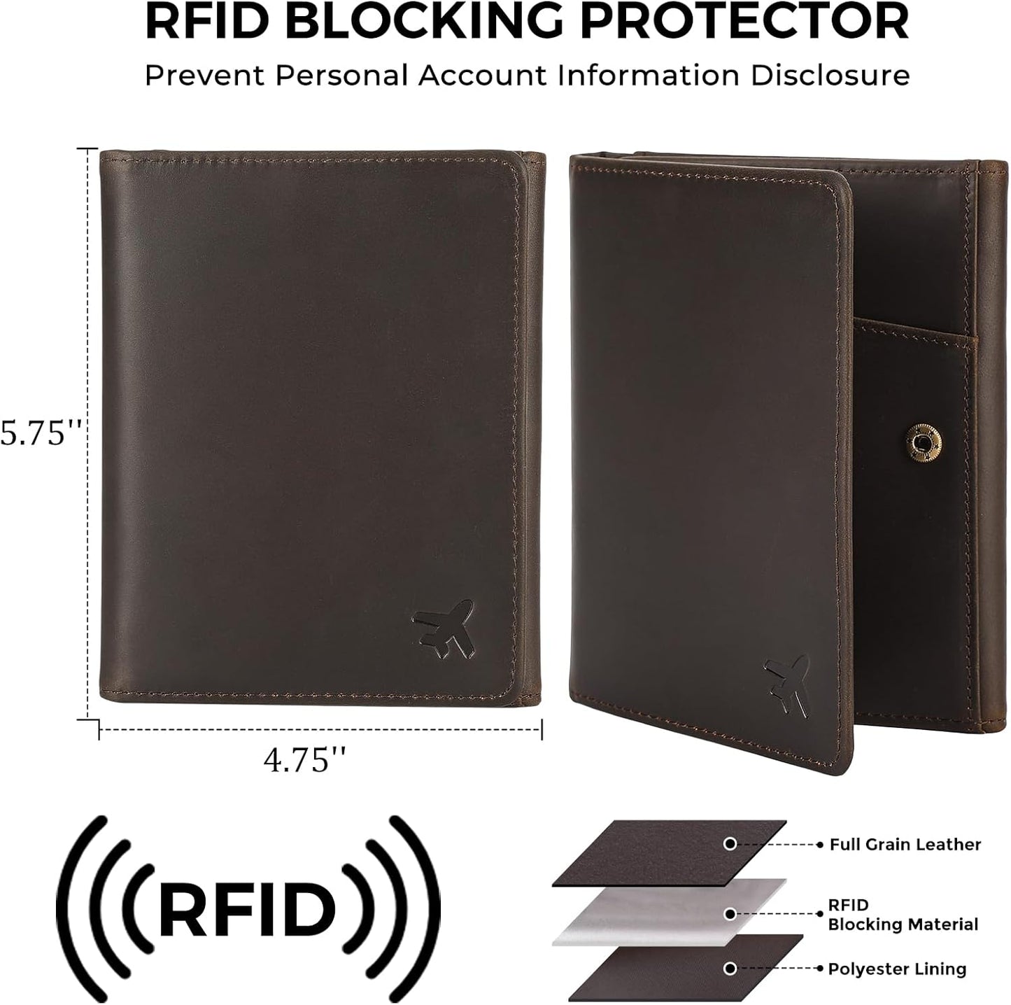 Polare Full Grain Leather Pilot Wallet Passport Holder RFID Blocking Trifold Wallet for Men Travel Cover Document Organizer for Aviation Professionals