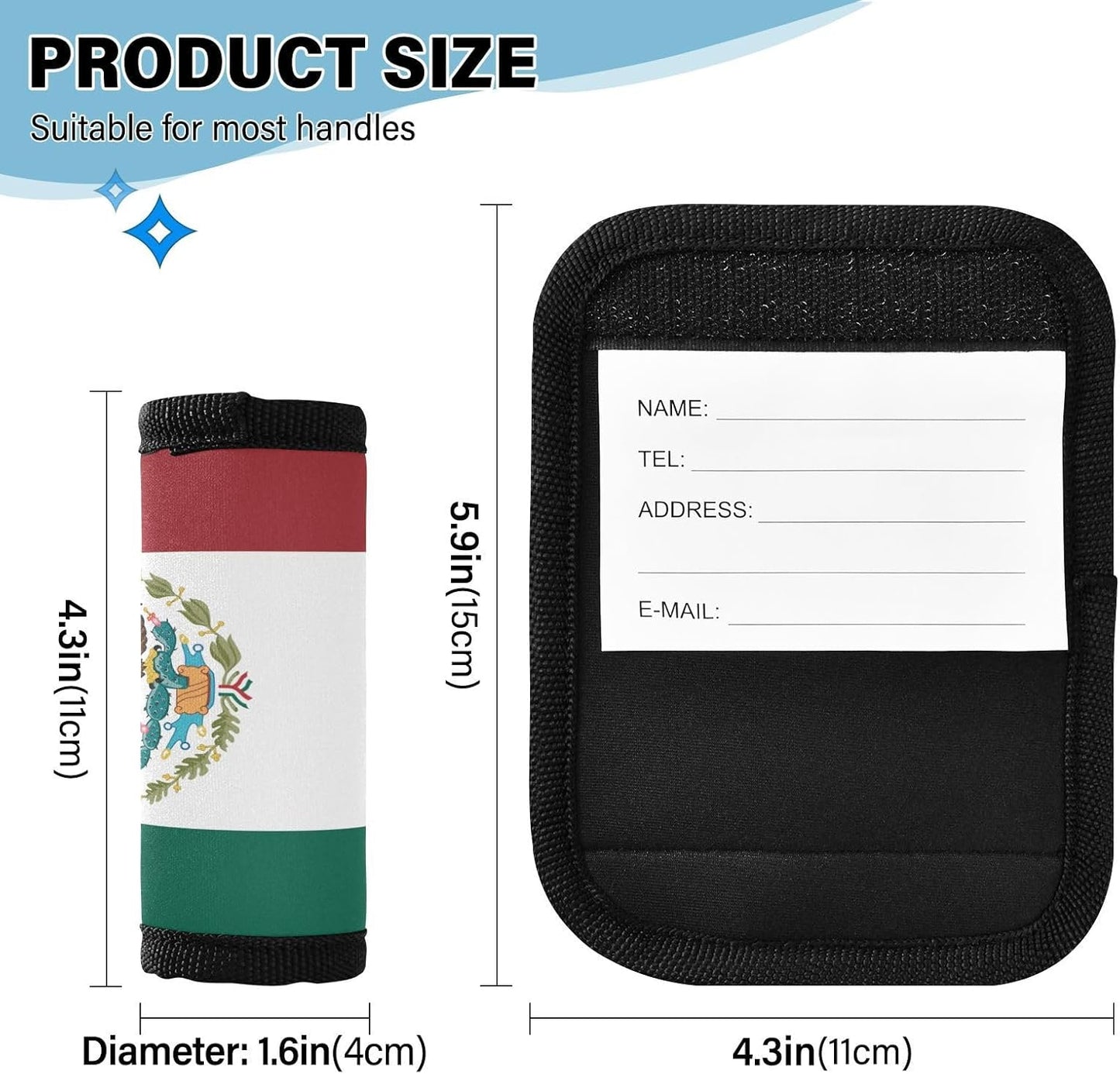 Mexican Flag 2 Pack Luggage Handle Wrap for Suitcase Luggage Identifier Travel Tags Handle Protection Sleeve Cover