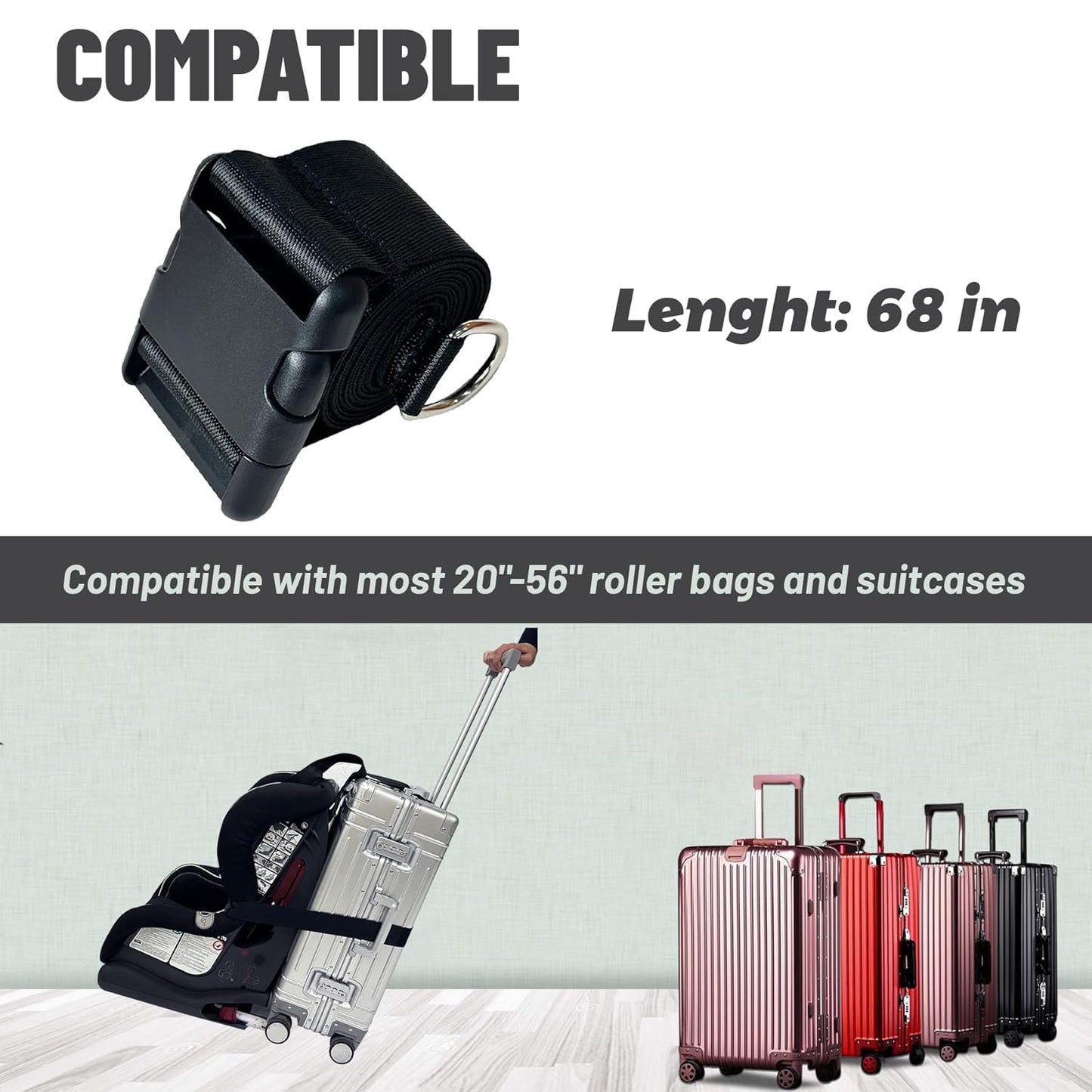 GUCHO Car Seat Belt Travel Strap，Carry-on Luggage into an Airport Car Seat Stroller & Carrier, an Useful Solution for Travel Transfer (Black)