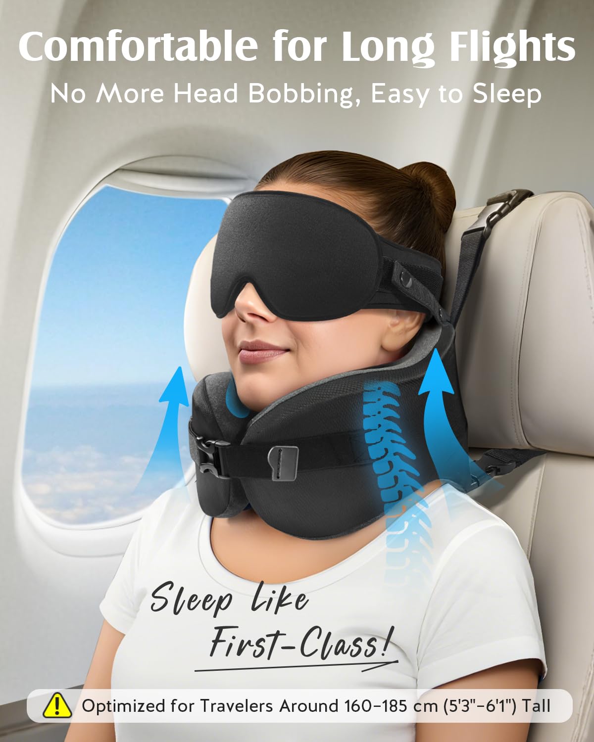 YFONG Travel Pillow with Head Support & Sleep Mask for Long Flights, Black