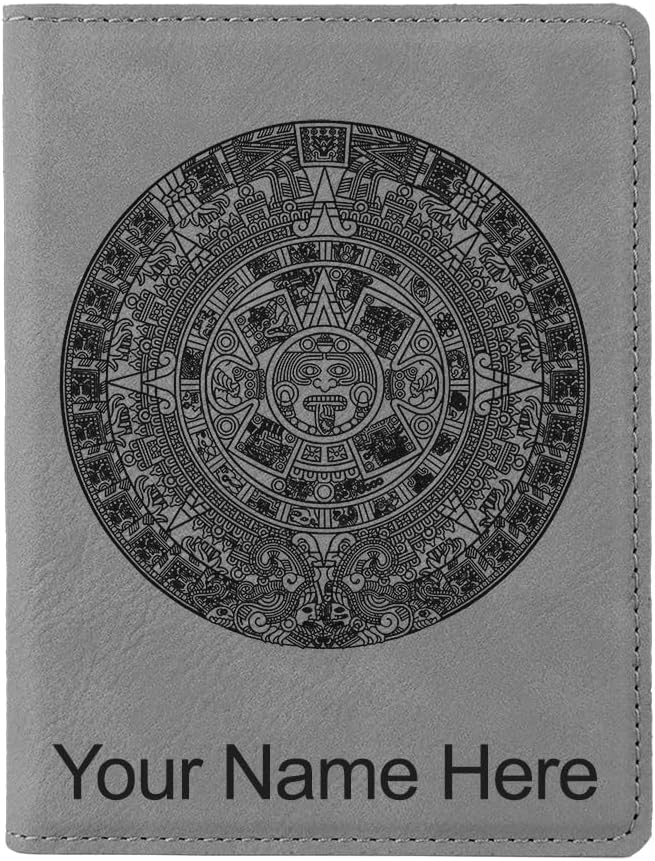 LaserGram Faux Leather Passport Holder, Aztec Calendar, Personalized Engraving Included (Gray)