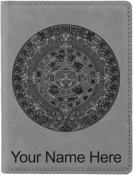 LaserGram Faux Leather Passport Holder, Aztec Calendar, Personalized Engraving Included (Gray)