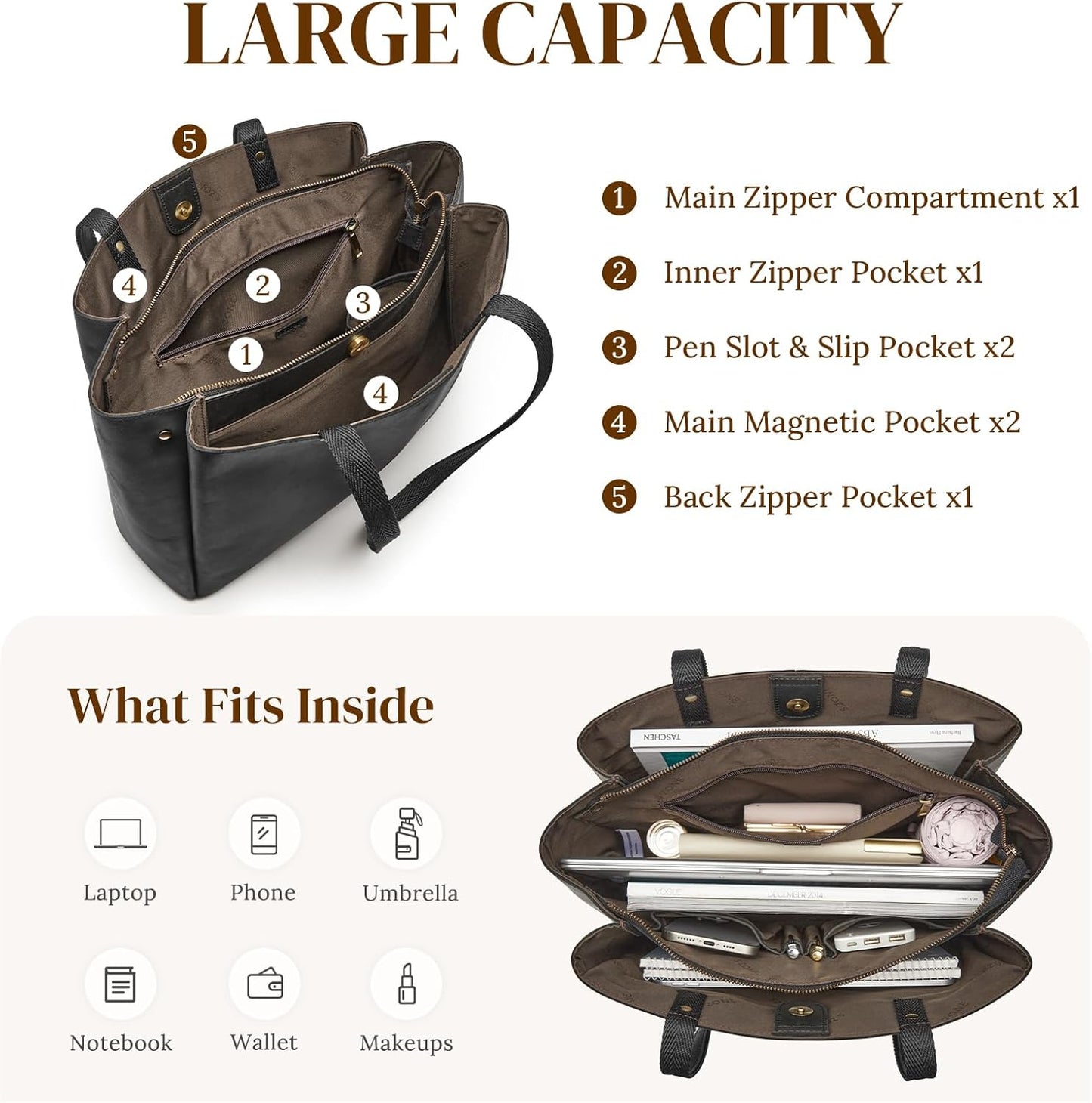 S-ZONE Genuine Leather Tote Bag for Women Work Large Shoulder Handbag with Zipper Compartment for Travel Professional