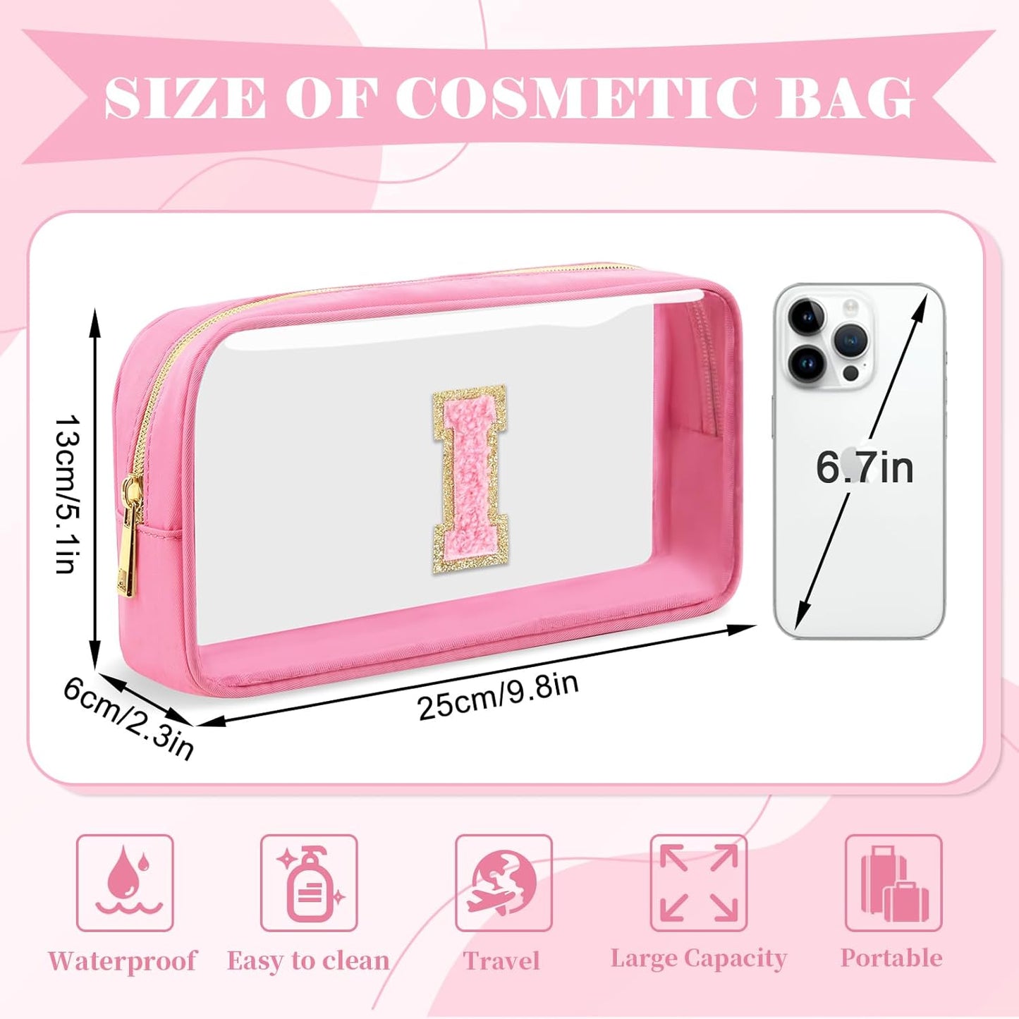 Personalized Initial Letter Clear Makeup Bag,Preppy Small Nylon&PVC Cosmetic Zipper Bag with Chenille Letter,Portable Beach Travel Skincare Toiletry Bag,Trendy Monogram Gift for Teen Girls Women,I